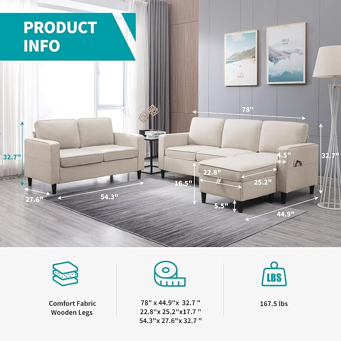 BALUS 78" W Sectional Couches for Living Room, Linen Fabric Sofa - Image 7