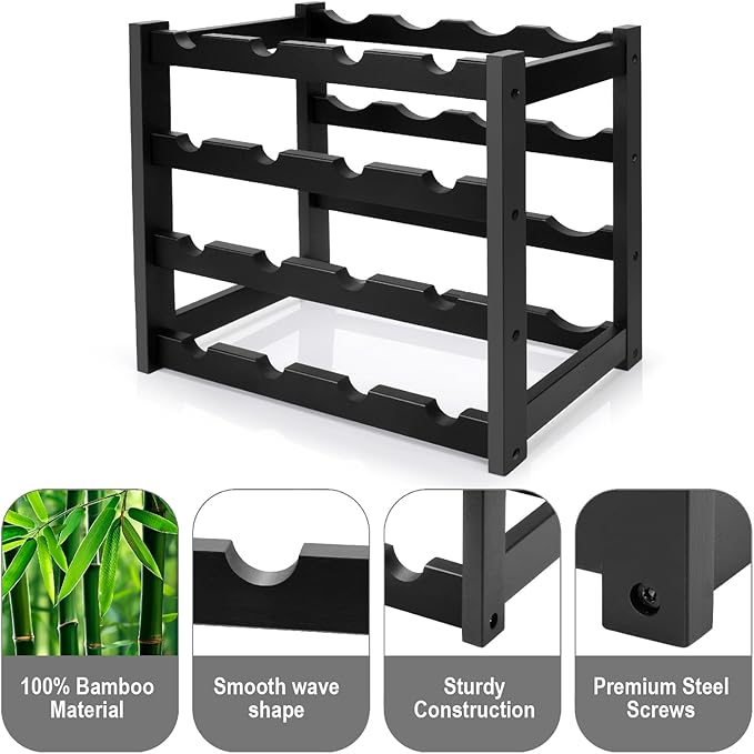 Bamboo Wine Rack, 4-Tier 16 Bottles Wine Storage Cabinet Shelf, Easy-Assembly - Image 6