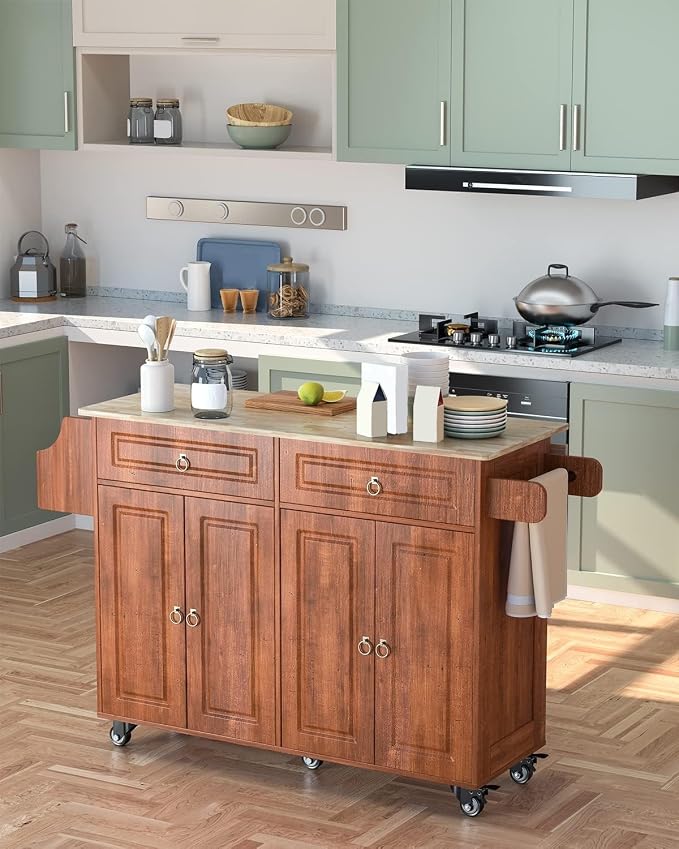 Kitchen Island with Drop Leaf and Storage, on Wheels Two Drawers, Large Storage - Image 9