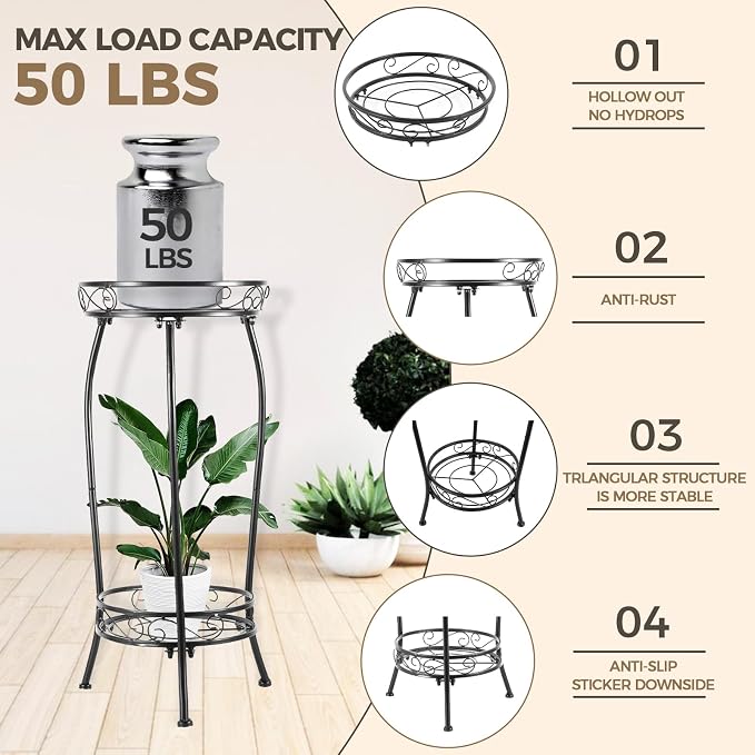 Kavlium Plant Stand Indoor Outdoor，Tall Black Metal Rustproof Stable Plant - Image 3