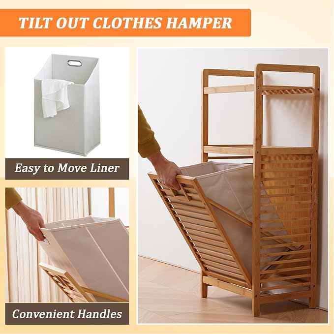 Laundry Hamper with 2-Tier Shelves & Tilt Out Basket, Laundry Baskets Organizer - Image 3
