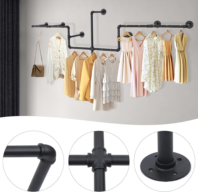 Industrial Pipe Clothes Rack Wall Mounted, 85.83 inches Heavy Duty Iron Pipe - Image 5