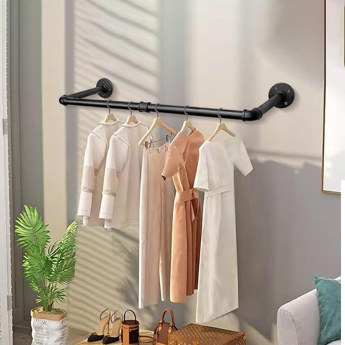 Industrial Iron Pipe Clothes Hanging Bar DIY Wall-Mounted Garment Rack Heavy - Image 2