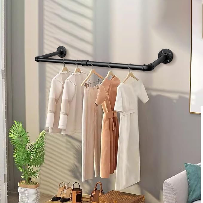 Industrial Iron Pipe Clothes Hanging Bar DIY Wall-Mounted Garment Rack Heavy - Image 7