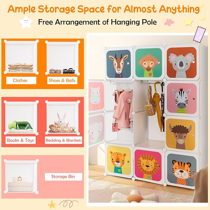 HONEY JOY Kids Wardrobe Closet, Baby Cartoon Clothes Storage Organizer - Image 5