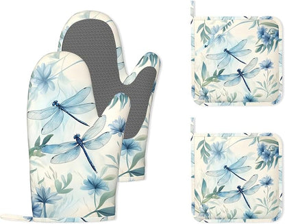 Vintage Dragonfly Silicone Oven Mitts and Pot Holders, Flower Plant by Unknown