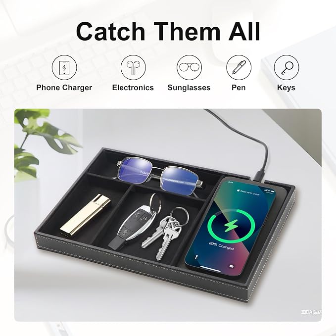 TopMade Valet Tray with Wireless Charging Pad Nightstand Organizer, Leather - Image 5