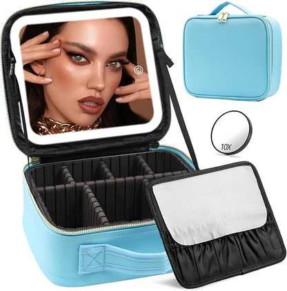 Makeup Organizer Bag with Mirror, Lighted Travel Makeup Bag 3 Colors Modes by Jadazror