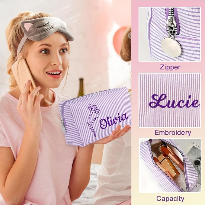 Personalized Seersucker Makeup Bag - Image 4