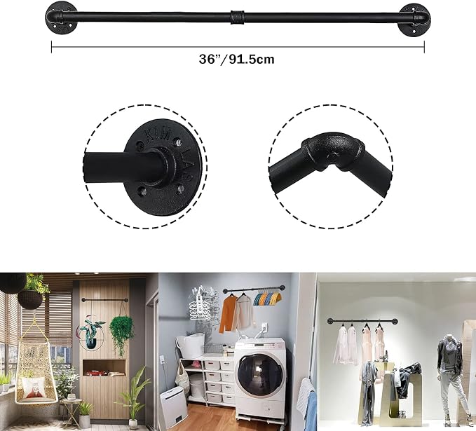 Oroonoko 2PCS 36inch Industrial Pipe Clothes Rack Wall Mount - Image 2