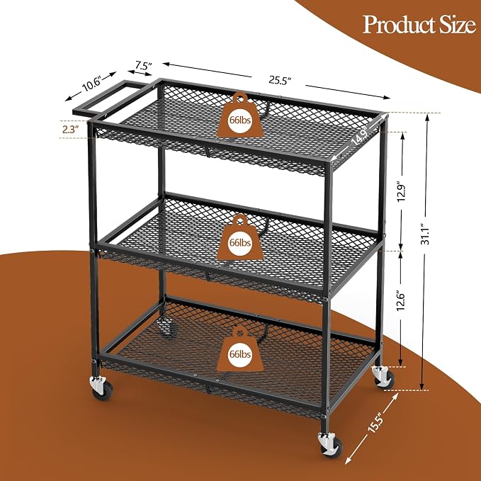 3 Tier Rolling Utility Kitchen Cart, Heavy Duty Wire Rolling Cart on Wheels - Image 3