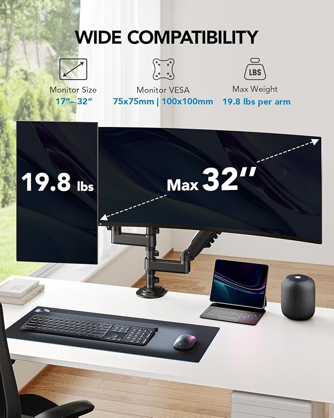 HUANUO 17-32 Inch Dual Monitor Stand, Gas Spring Dual Monitor Mount, Monitor - Image 2