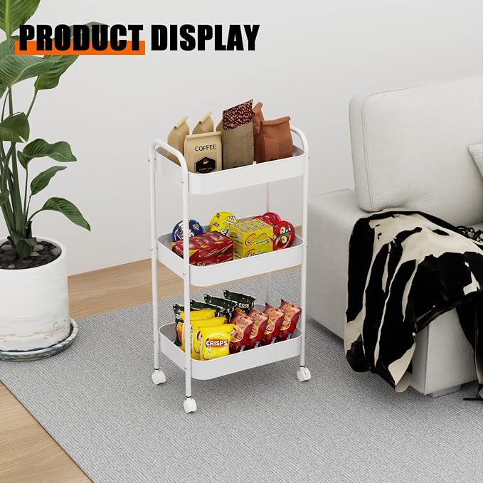 3-Tier Metal Utility Rolling Cart, Living Room, Movable Storage Organizer - Image 3