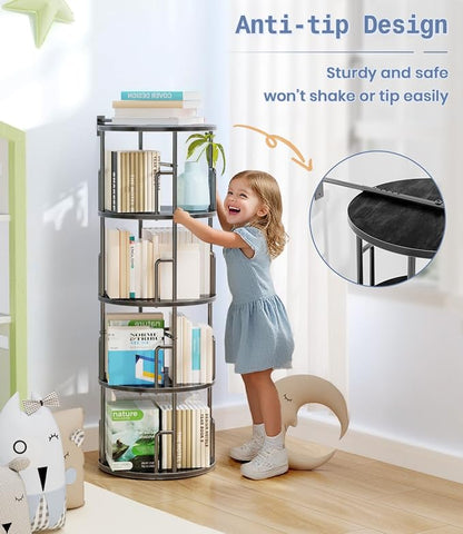 4 Tier Rotating Bookshelf Tower Round Black, 50” Floor Standing Spinning - Image 4