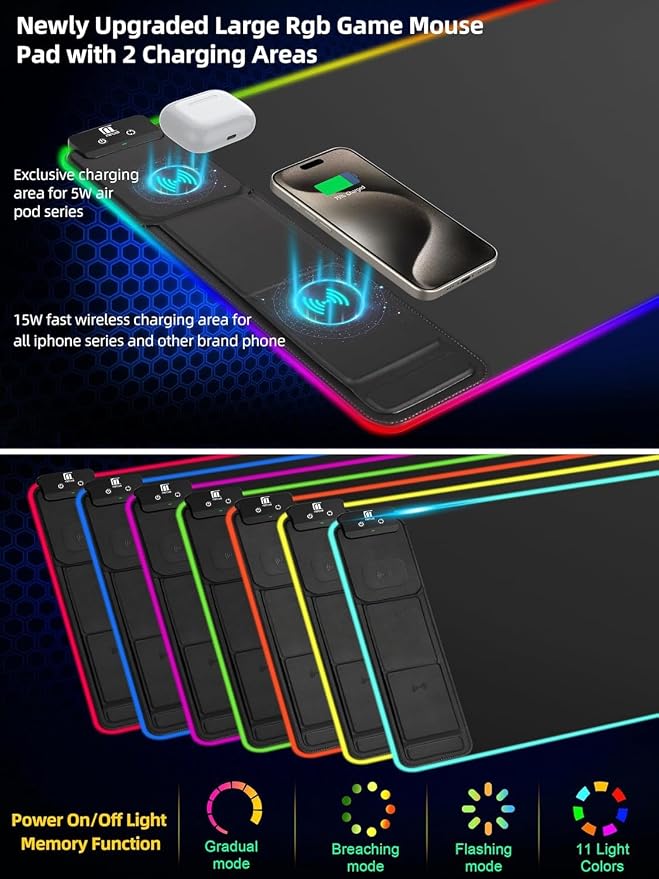 XXL Mouse Pad with Phone Holder, RGB Desk Mat with 15W Fast Charging, LED Large - Image 5