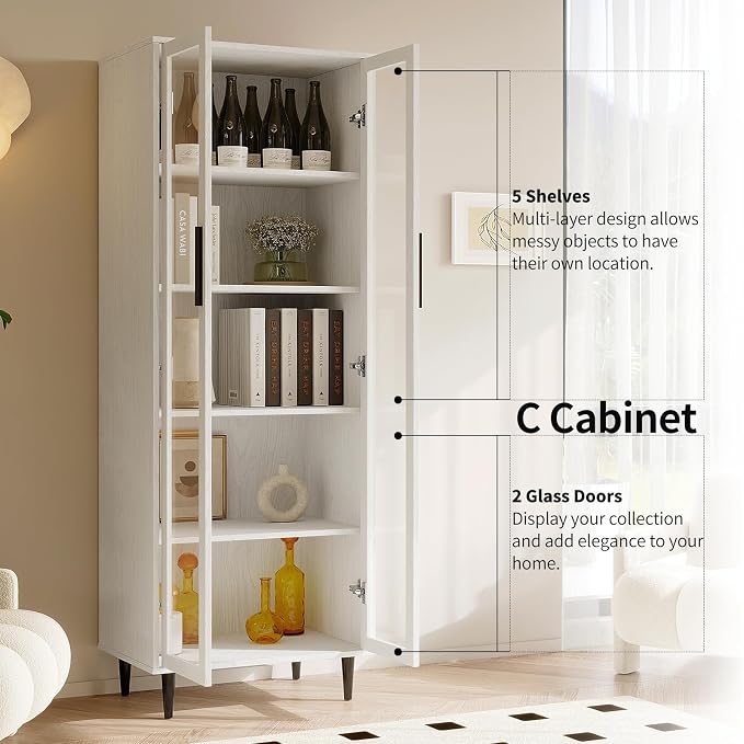 TUSY 70.9“ H Bookcase with Doors, 6-Tier Bookshelf with Open Shelf, Display - Image 3
