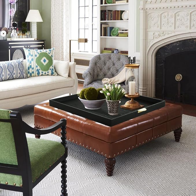 HofferRuffer Extra Large Square Serving Tray, Elegant Faux Leather Ottoman Tray - Image 6