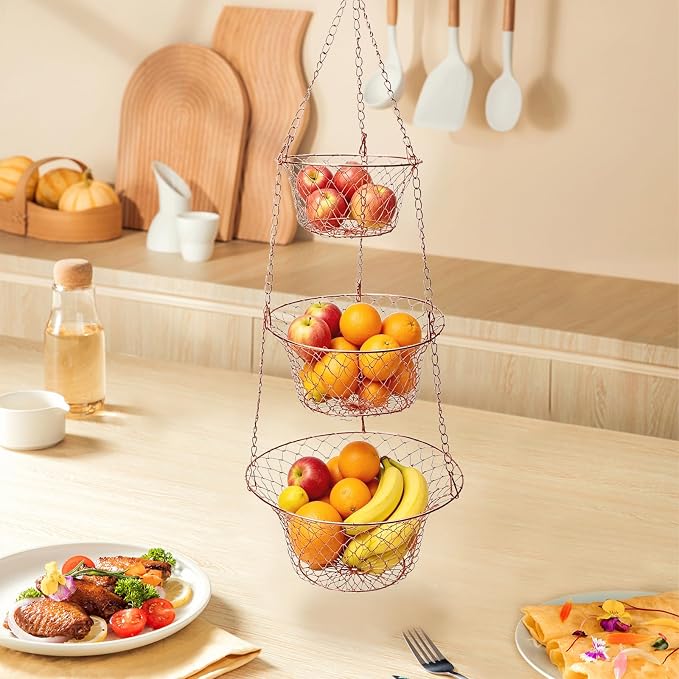 2PCS 3 Tier Hanging Fruit Basket Wire Kitchen Storage Organizer | Rose Gold - Image 7