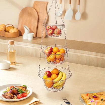 2PCS 3 Tier Hanging Fruit Basket Wire Kitchen Storage Organizer | Rose Gold - Image 7