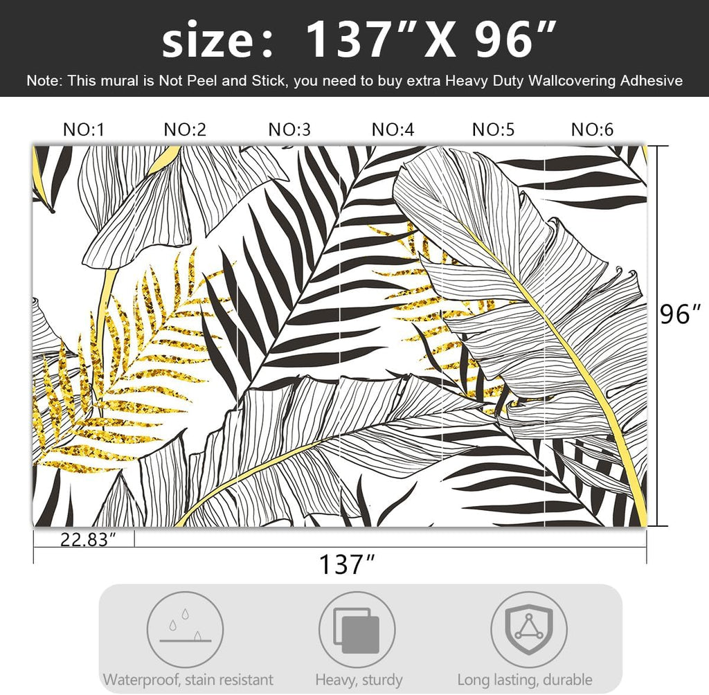 -Black and Gold Tropical Botanical Banana Leaf Fabric Wallpaper Living Room Bedroom Bathroom Abstract Plant Large Wall Mural- 137"x96"（ not Peel and Stick）
