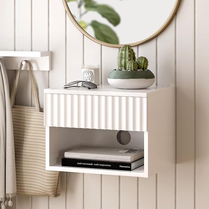 Floating Nightstand with Drawer and Open Shelf, Small Wall Mounted Bedside End by MoomJiee
