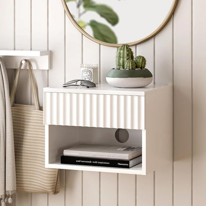 Floating Nightstand with Drawer and Open Shelf, Small Wall Mounted Bedside End by MoomJiee