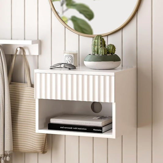 Floating Nightstand with Drawer and Open Shelf, Small Wall Mounted Bedside End by MoomJiee