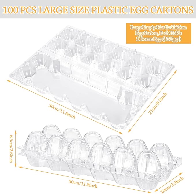 100 Pcs Plastic Egg Carton, 12 Grids Clear Chicken Egg Tray Disposable Plastic - Image 2