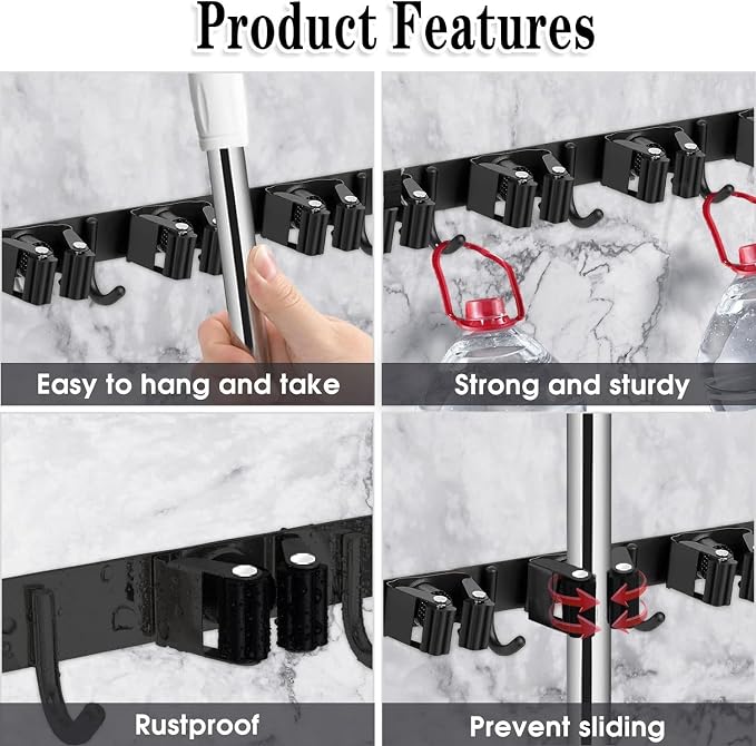 Black 5 Racks and 4 Hooks Mop and Broom Holder Wall Mount, Broom Organizer - Image 2