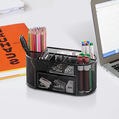 Comix Mesh Pen Pencil Holder Desk Organizer, 8 Compartment and 1 Drawer Wire - Image 6