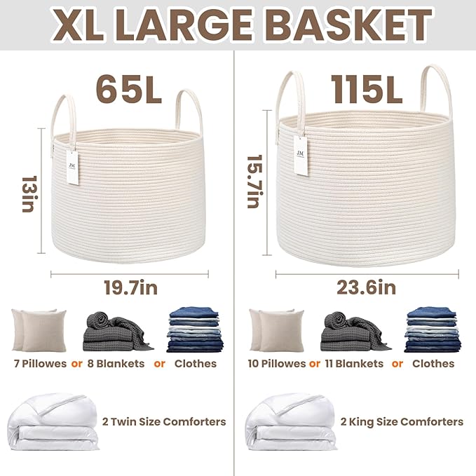 JMvicyroam 115L Extra Large Machine Washable Cotton Rope Blanket Basket | - Image 3