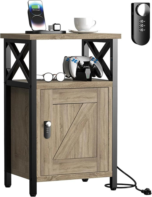 runjuly Wooden Nightstand with Lock Cabinet and Charging Station, Greige | 1 by Home