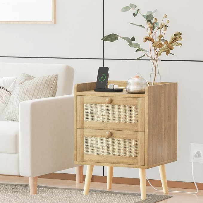 Rattan Nightstand with Charging Station Set of 2, Mid Century Modern Bedside - Image 4