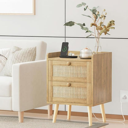 Rattan Nightstand with Charging Station Set of 2, Mid Century Modern Bedside - Image 4