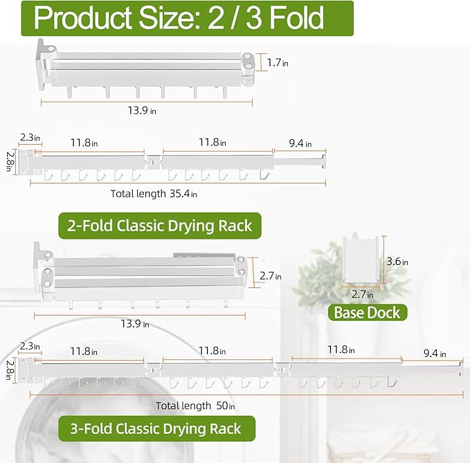 Foldable Clothes Drying Rack, 2 Fold Laundry Drying Rack Wall Mount, Folding & - Image 2