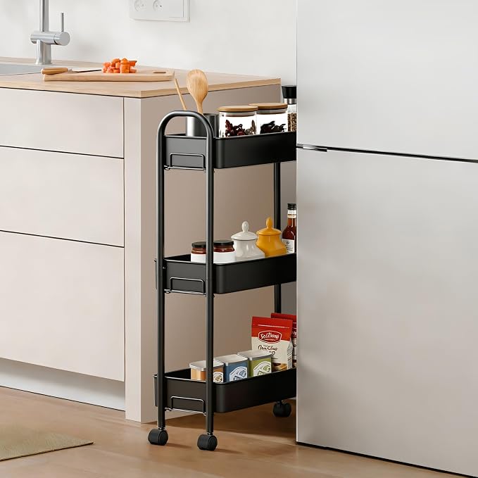 Slim Rolling Cart, Metal Frame Utility Rolling 3-Tier Narrow Storage Cart | - Image 3