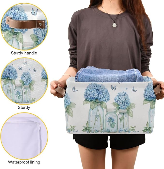 Blue Hydrangea and Butterflies Storage Bins Box Foldable Shelf Basket - Image 7