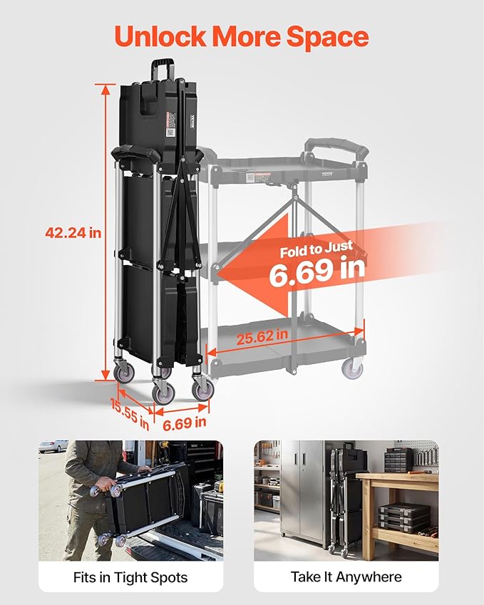 VEVOR Foldable Utility Service Cart, 165LBS 3 Shelf Heavy Duty Plastic Rolling - Image 2