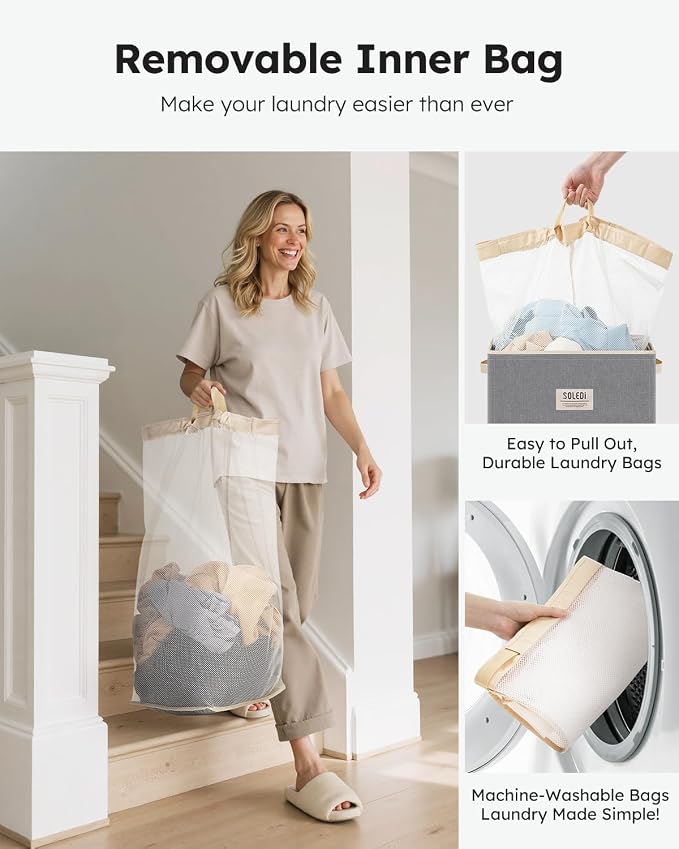 SOLEDI Laundry Hamper with Lid 100L Large & Tall Collapsible Laundry Basket - Image 4