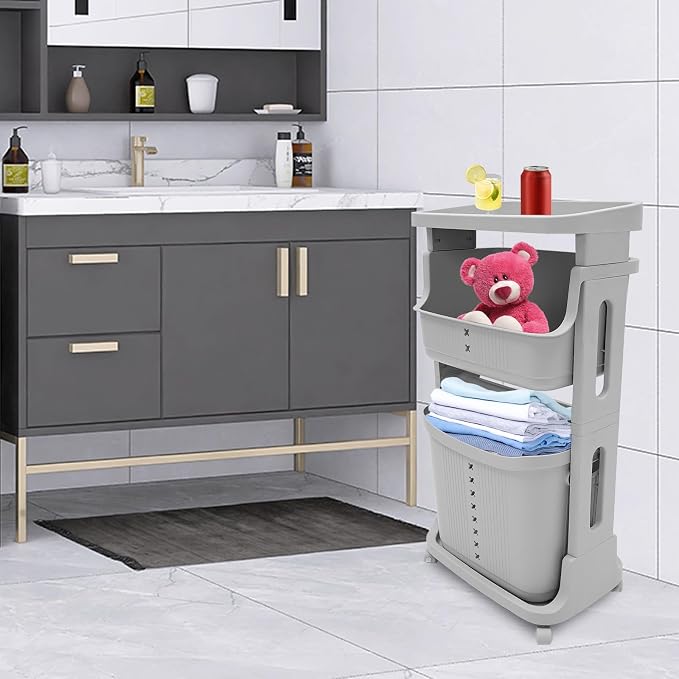 3-Layer Laundry Basket, Portable Washing Storage Clothes Hamper w/Wheels - Image 6