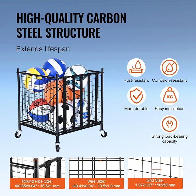 VEVOR Rolling Sports Ball Storage Cart, Lockable Basketball Cage - Image 5