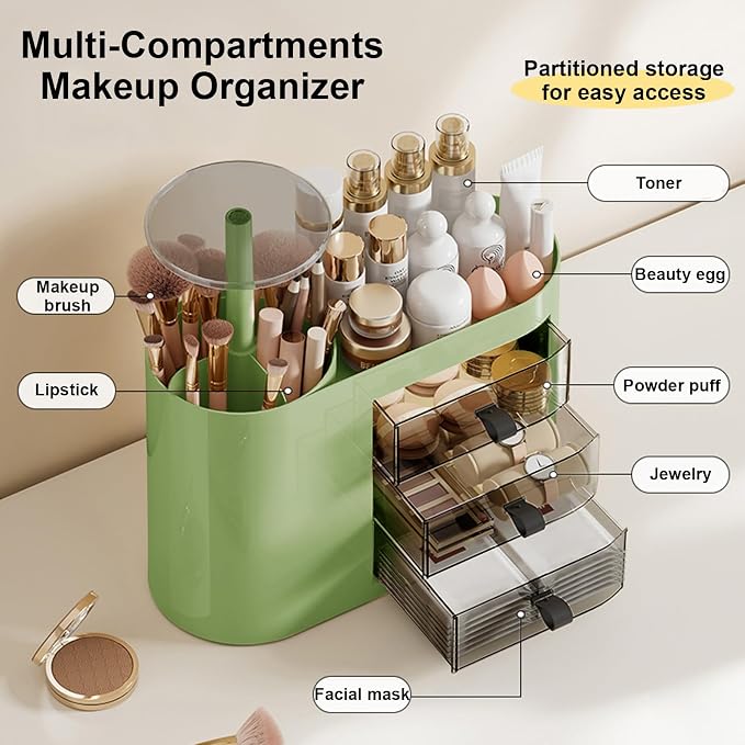 DASITON Makeup Organizer with 3 Drawers, Automatic Lifting Makeup Brush Holder - Image 2