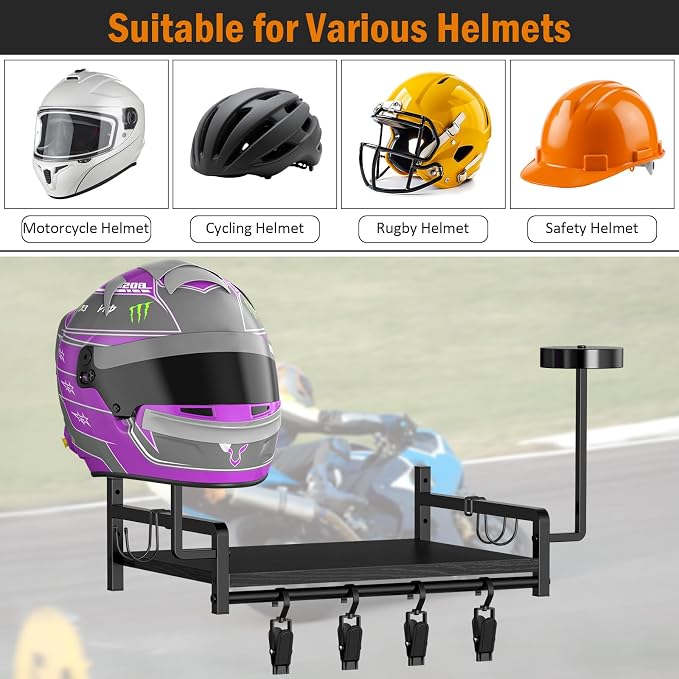 OYEAL Helmet Rack Wall Mount Black Motorcycle Helmet Holder - Image 2