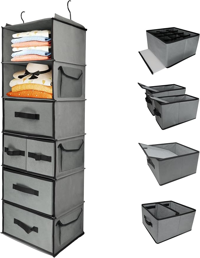 6-Tier Hanging Shelves with 5 Drawers & 3 Side Pocket, Durable Fabric Hanging by Folzaelar
