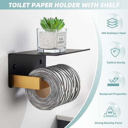 Toilet Paper Holder with Phone Shelf Black & Gold, APLusee 304 Stainless Steel - Image 7