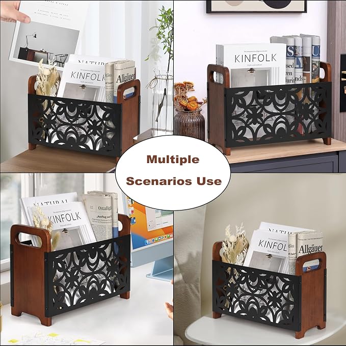 Magazine Holder, Oak Wood Magazine Rack Floor, Lotus Pattern | Rustic Magazine - Image 3