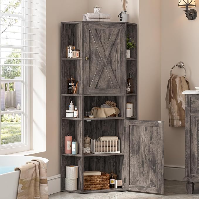 Farmhouse Corner Cabinet with Storage, Tall Corner Storage Cabinet with - Image 3
