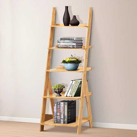 DOUSY- 5-Tier Bamboo Ladder Shelf Ladder Bookshelf Plant & Flower Stand Bookcase by DOUSY