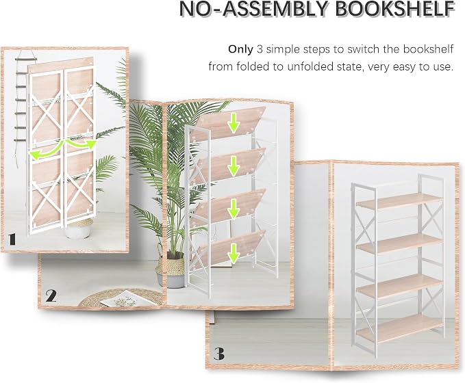4NM 4 Tiers No Assembly Book Shelves, 41.3" H Folding Bookshelf Bookcase Open - Image 6
