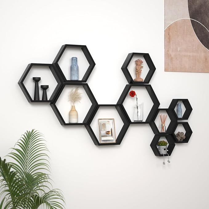 Hexagon Floating Shelves Honeycomb Wall Mounted Wood Farmhouse Storage - Image 2